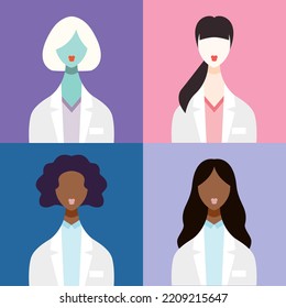 Medical Avatars Set . Medical Clinic Staff Flat Icons. Portraits With Different Skin Tones. Set Of Doctors, Nurses, Paramedics And Scientists.