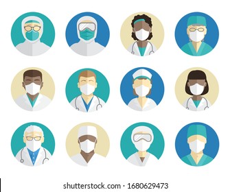 Medical avatars set. Doctors, surgeons, and nurses in protective masks. Protection during an epidemic and pandemic. Illustration of flat design.