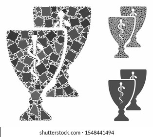 Medical award cups mosaic of rugged parts in variable sizes and color tints, based on medical award cups icon. Vector bumpy parts are united into mosaic.