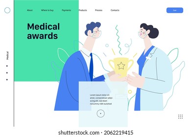 Medical awards -medical insurance web template -modern flat vector concept digital illustration - a man presents award - a trophy to the female medicine doctor. Doctors rating concept