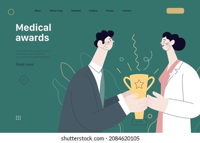 Medical awards -medical insurance web template -modern flat vector concept digital illustration - a man presents award - a trophy to the female medicine doctor. Doctors rating concept