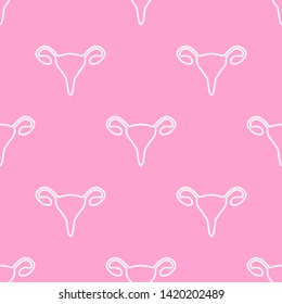 Medical awareness poster with seamless pattern of uterus symbols on pink background. Reproductive female system disease symbol. Vector illustration.