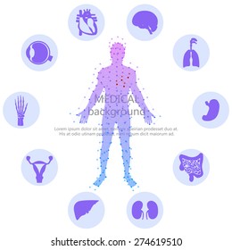 Medical background. Abstract model of man with points and lines. Vector background. Human anatomy, huge collection of human organs