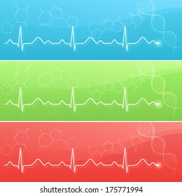 Medical background with cardiogram line and DNA in three colors