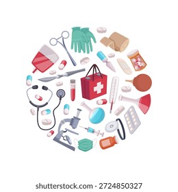 Fundo médico. modelo de forma de círculo com equipamentos médicos. conceito de saúde