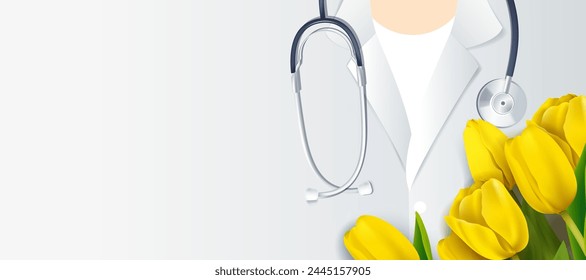 Medical background with close-up of doctor`s uniform, stethoscope and bunch of yellow tulips. Happy nurse day. Vector holiday illustration