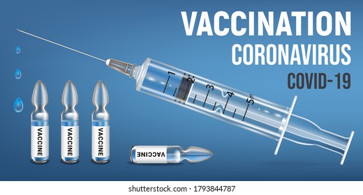 Medical background concept Vaccination. Syringe and ampoules with coronavirus vaccine, preventing a second wave of COVID-19 infection. 3d realistic vector illustration.
