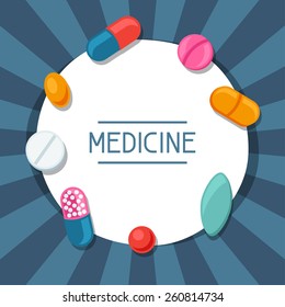 Medical background design with pills and capsules.