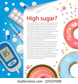  Medizinischer Hintergrund.Diät. Diabetisch. Hoher Zucker. Vektorhintergrund.  