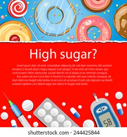 Medical background. Diet. Diabetic. High sugar. Vector backdrop.  