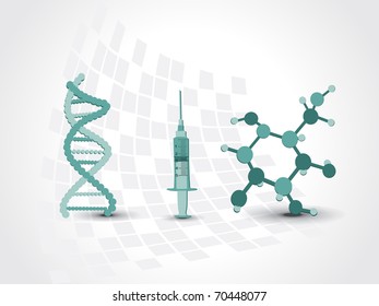 medical background with dna, atomic structure and syringe