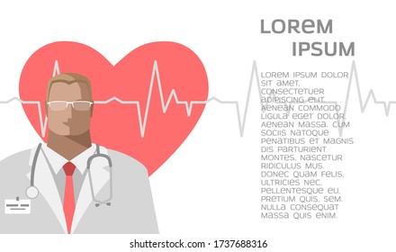 Medical background with doctor, hearth, pulse line and place for text. Vector illustration in a flat style