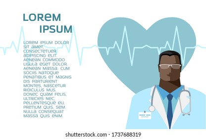 Medical background with doctor, hearth, pulse line and place for text. Vector illustration in a flat style