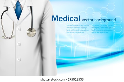 Medical background with a doctor's lab white coat and stethoscope. Vector illustration 