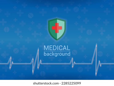 medical background with elements of pullse, pills, shield and crosses