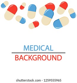 Medical background with falling red and blue pills. Vector illustration