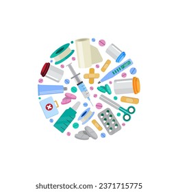 medical background. first aid kit items, patch pills and health capsules. Vector medical stylized illustrations