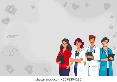 Medical background flat design. With team of hospital medical staff. Characters with stethoscope. Web banner for healthcare and medicine concept.