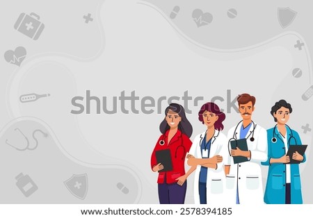 Medical background flat design. With team of hospital medical staff. Characters with stethoscope. Web banner for healthcare and medicine concept.