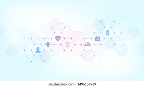 Medical background with flat icons and symbols. Template design with concept and idea for healthcare technology, innovation medicine, health, science and research. Vector illustration