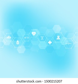 Medical background with flat icons and symbols. Template design with concept and idea for healthcare technology, innovation medicine, health, science and research. Vector illustration