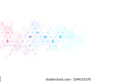 Fondo médico con iconos y símbolos planos. Diseño de plantillas con concepto e idea de tecnología sanitaria, medicina de innovación, salud, ciencia e investigación. Ilustración del vector