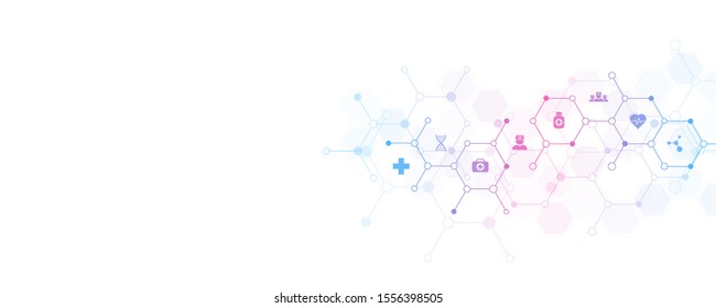 Medical background with flat icons and symbols. Template design with concept and idea for healthcare technology, innovation medicine, health, science and research. Vector illustration