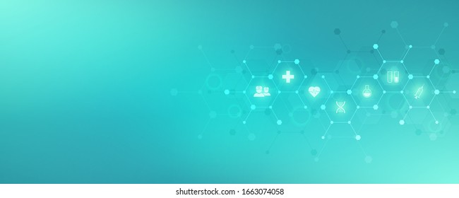 Medical background with flat icons and symbols. Template design with concept and idea for healthcare technology, innovation medicine, health, science, and research. Vector illustration