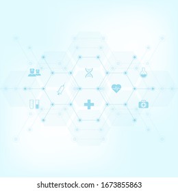 Medical background with flat icons and symbols. Template design with concept and idea for healthcare technology, innovation medicine, health, science, and research. Vector illustration