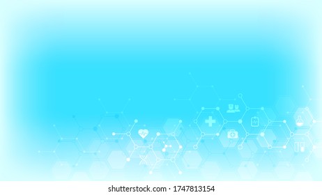 Medical background with flat icons and symbols. Template design with concept and idea for healthcare technology, innovation medicine, health, science, and research. Vector illustration