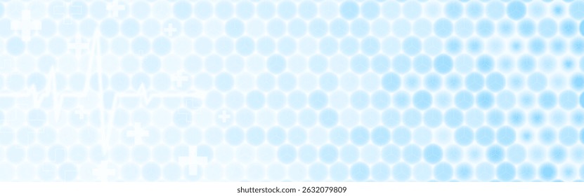 Medical background with glowing hexagons, heartbeat pulse line and white crosses on soft blue. Wallpaper for healthcare, tech or biology design. Vector Illustration.
