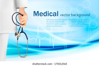 Medical background with hand holding a stethoscope. Vector. 