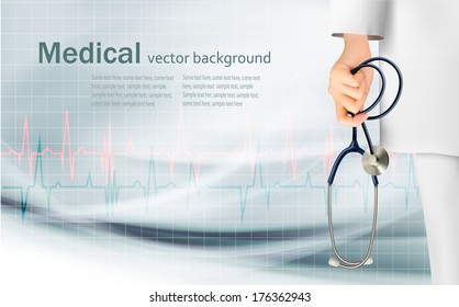 Medical background with hand holding a stethoscope. Vector.