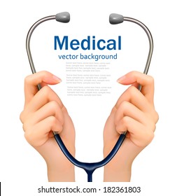 Medical background with hands holding a stethoscope. Vector. 
