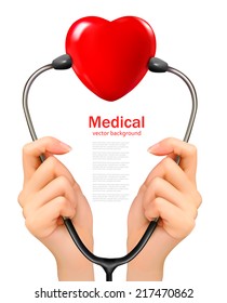 Medical Background With Hands Holding A Stethoscope With Red Heart. Vector.