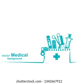 Medical background. Health care and medical research. Space for text. Medical template. Background of the icons first aid of medical equipment.