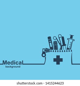 Medical background. Health care and medical research. Space for text. Medical template. Background of the icons first aid of medical equipment.