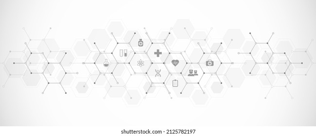 Medical background and healthcare with flat icons and symbols. Design template of concept and idea for health care business, innovation medicine, health safety, science. Vector illustration