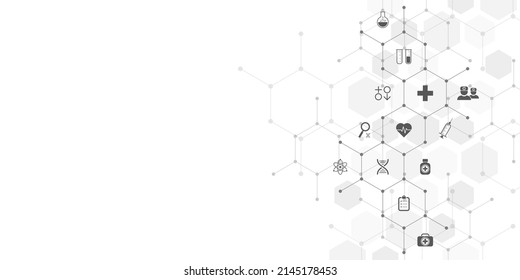 Antecedentes médicos y cuidado de la salud con iconos y símbolos planos. Plantilla de diseño de concepto e idea para el negocio de la atención de la salud, la medicina de la innovación, la seguridad de la salud, la ciencia. Ilustración del vector