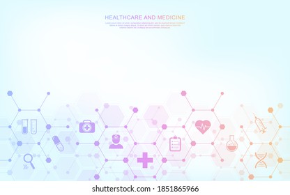 Medical background and healthcare technology with flat icons and symbols. Design template of concept and idea for health care business, innovation medicine, health safety, science. Vector illustration