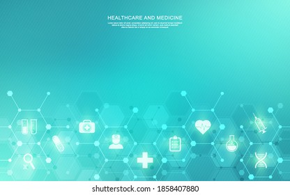 Medical background and healthcare technology with flat icons and symbols. Concept and idea for health care business, innovation medicine, health safety, science, medical research, and development.