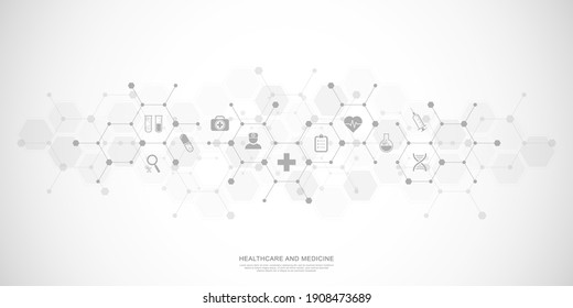 Medical Background And Healthcare Technology With Flat Icons And Symbols. Design Template Of Concept And Idea For Health Care Business, Innovation Medicine, Health Safety, Science. Vector Illustration