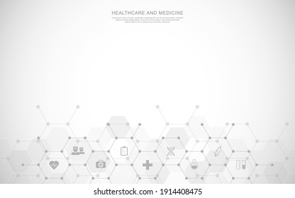 Medical background and healthcare technology with flat icons and symbols. Design template of concept and idea for health care business, innovation medicine, health safety, science. Vector illustration