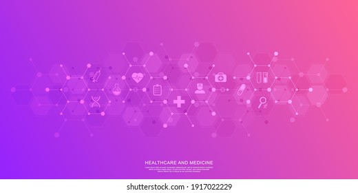 Medical background and healthcare technology with flat icons and symbols. Design template of concept and idea for health care business, innovation medicine, health safety, science. Vector illustration