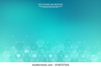 Medical Background And Healthcare Technology With Flat Icons And Symbols. Concept And Idea For Health Care Business, Innovation Medicine, Health Safety, Science, Medical Research, And Development.