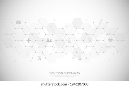 Antecedentes médicos y tecnología de salud con iconos y símbolos planos. Plantilla de diseño de concepto e idea para el negocio de la atención de la salud, la medicina de la innovación, la seguridad de la salud, la ciencia. Ilustración del vector