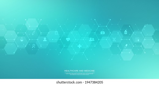 Medical background and healthcare technology with flat icons and symbols. Concept and idea for health care business, innovation medicine, health safety, science, medical research, and development.