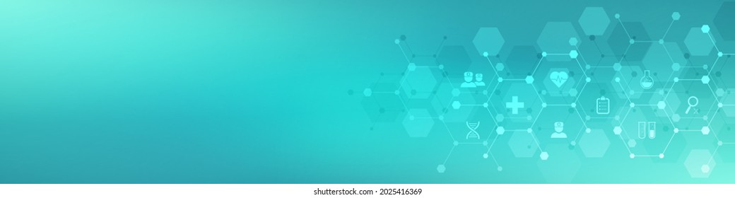 Medical Background And Healthcare Technology With Flat Icons And Symbols. Concept And Idea For Health Care Business, Innovation Medicine, Health Safety, Science, Medical Research, And Development.