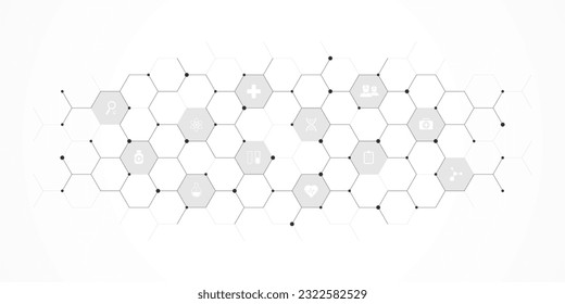Medical background and healthcare technology with flat icons and symbols. Design template of concept and idea for health care business, innovation medicine, health safety, science. Vector illustration