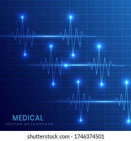 Medical background of heart beats on grid dark blue background. Vector illustration
